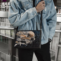 Handmade Black Tooled Chinese Dragon Leather Messenger Bags Side Bag Clutch Wristlet Bag For Men