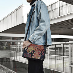 Handmade Black Tooled Floral Leather Messenger Bags Side Bag Clutch Wristlet Bag For Men - imessengerbags