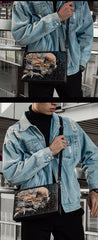 Handmade Black Tooled Chinese Dragon Leather Messenger Bags Side Bag Clutch Wristlet Bag For Men