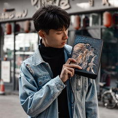 Handmade Black Tooled Chinese Dragon Leather Clutch Wristlet Bag Messenger Bags Side Bag For Men