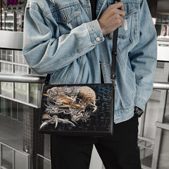 Handmade Black Tooled Double Carp Leather Messenger Bags Side Bag Clutch Wristlet Bag For Men - imessengerbags