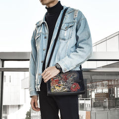 Handmade Black Tooled Double Carp Leather Messenger Bags Side Bag Clutch Wristlet Bag For Men - imessengerbags