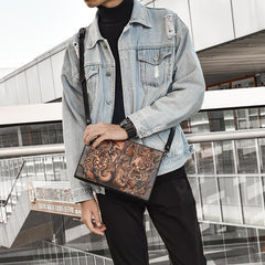 Handmade Black Tooled Double Carp Leather Messenger Bags Side Bag Clutch Wristlet Bag For Men - imessengerbags