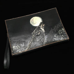 Handmade Black Tooled Double Carp Leather Messenger Bags Side Bag Clutch Wristlet Bag For Men