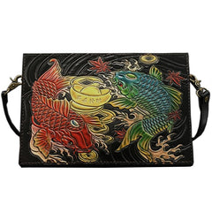 Handmade Black Tooled Double Carp Leather Messenger Bags Side Bag Clutch Wristlet Bag For Men - imessengerbags