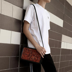 Handmade Black Tooled Double Carp Leather Messenger Bags Side Bag Clutch Wristlet Bag For Men - imessengerbags