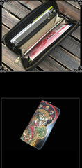 Handmade Black Wolf Tooled Leather Long Wallet Mahākāla Clutch Zipper Wallet For Men - imessengerbags