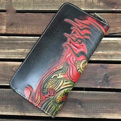 Handmade Black Mahākāla Wolf Tooled Leather Long Wallet Clutch Zipper Wallet For Men