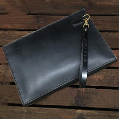 Black Handmade Tooled Leather Wolf Clutch Wallet Wristlet Bag Clutch Purse For Men - imessengerbags