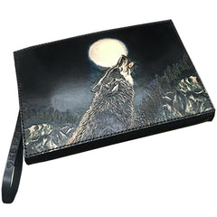 Black Handmade Tooled Leather Wolf Clutch Wallet Wristlet Bag Clutch Purse For Men - imessengerbags