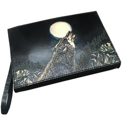 Black Handmade Tooled Leather Wolf Clutch Wallet Wristlet Bag Clutch Purse For Men