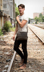 Black Leather 10 inches Mens Casual Messenger Bag Shoulder Bags for Men