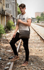Black Leather 10 inches Mens Casual Messenger Bag Shoulder Bags for Men - imessengerbags