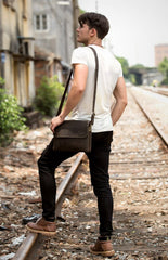 Black Leather 10 inches Mens Casual Messenger Bag Shoulder Bags for Men - imessengerbags