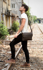 Black Leather 10 inches Mens Casual Messenger Bag Shoulder Bags for Men