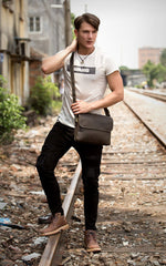 Black Leather 10 inches Mens Casual Messenger Bag Shoulder Bags for Men - imessengerbags