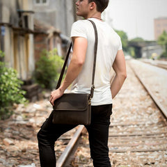 Black Leather 10 inches Mens Casual Messenger Bag Shoulder Bags for Men