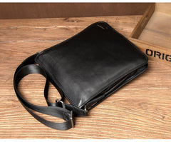 Black Leather 10 inches Mens Small Vertical Messenger Bags Postman Bags Courier Bag for Men