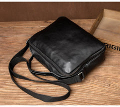 Cool Black Leather 11 inches Mens Small Messenger Bags Courier Bag Shoulder Briefcase for Men