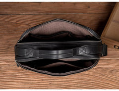 Cool Black Leather 11 inches Mens Small Messenger Bags Courier Bag Shoulder Briefcase for Men