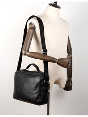 Cool Black Leather 11 inches Mens Small Messenger Bags Courier Bag Shoulder Briefcase for Men - imessengerbags