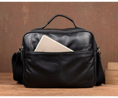 Cool Black Leather 11 inches Mens Small Messenger Bags Courier Bag Shoulder Briefcase for Men - imessengerbags