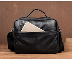 Cool Black Leather 11 inches Mens Small Messenger Bags Courier Bag Shoulder Briefcase for Men