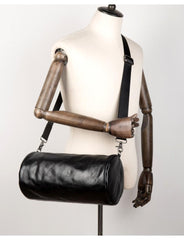 Fashion Black Leather Mens Barrel Messenger Bag Bucket Courier Bag Postman Bags for Men