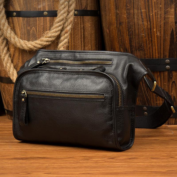 Black Leather Fanny Pack Mens Waist Bag Hip Pack Belt Bags Bumbag for Men - imessengerbags
