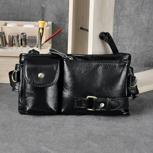 Black Leather Fanny Pack Mens Waist Bag Hip Pack Belt Bag for Men - imessengerbags