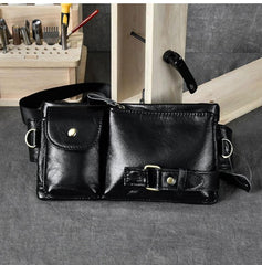 Black Leather Fanny Pack Mens Waist Bag Hip Pack Belt Bag for Men