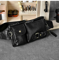 Black Leather Fanny Pack Mens Waist Bag Hip Pack Belt Bag for Men