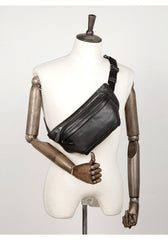 Cool Black Leather Fanny Pack Mens Waist Bag Hip Pack Black Belt Bags Bumbag for Men