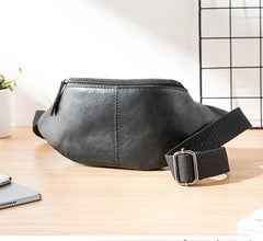 Black Mens Leather Fanny Packs Sling Bag Waist Bag Hip Pack Belt Bag Chest Bag for Men - imessengerbags