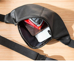 Black Mens Leather Fanny Packs Sling Bag Waist Bag Hip Pack Belt Bag Chest Bag for Men - imessengerbags