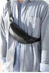 Black Mens Leather Fanny Packs Sling Bag Waist Bag Hip Pack Belt Bag Chest Bag for Men - imessengerbags