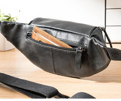 Black Mens Leather Fanny Packs Sling Bag Waist Bag Hip Pack Belt Bag Chest Bag for Men - imessengerbags