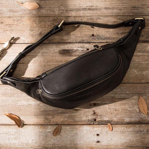 Black Leather Fanny Packs Mens Waist Bag Hip Pack Belt Bag for Men - imessengerbags