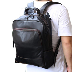 Black Leather Men's 15 inches Computer Backpack Travel Backpack Black Large College Backpack For Men - imessengerbags