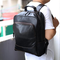 Black Leather Men's 15 inches Computer Backpack Travel Backpack Black Large College Backpack For Men - imessengerbags