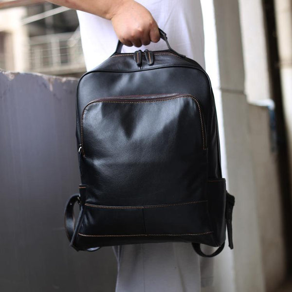 Black Leather Men's 15 inches Computer Backpack Travel Backpack Black Large College Backpack For Men - imessengerbags