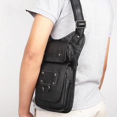 Black Leather Men's Sling Bag Shoulder Bag Chest Bag One Shoulder Backpack For Men