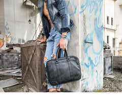 Black Leather Mens 14 inches Briefcase Work Bag Laptop Bag Business Bag for Men - imessengerbags