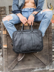 Black Leather Mens 14 inches Briefcase Work Bag Laptop Bag Business Bag for Men - imessengerbags