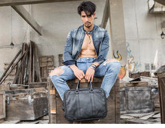 Black Leather Mens 14 inches Briefcase Work Bag Laptop Bag Business Bag for Men - imessengerbags