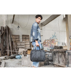 Black Leather Mens 14 inches Briefcase Work Bag Laptop Bag Business Bag for Men - imessengerbags