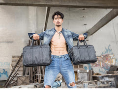 Black Leather Mens 14 inches Briefcase Work Bag Laptop Bag Business Bag for Men - imessengerbags
