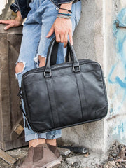 Black Leather Mens 14 inches Briefcase Work Bag Laptop Bag Business Bag for Men - imessengerbags