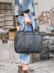 Black Leather Mens 14 inches Briefcase Work Bag Laptop Bag Business Bag for Men - imessengerbags