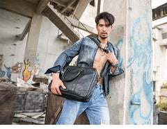 Black Leather Mens 14 inches Briefcase Work Bag Laptop Bag Business Bag for Men - imessengerbags